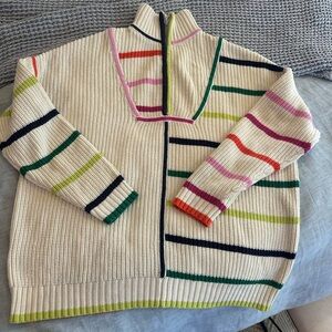 STAUD Hampton Cream V-Neck Sweater with Multicolor Stripes